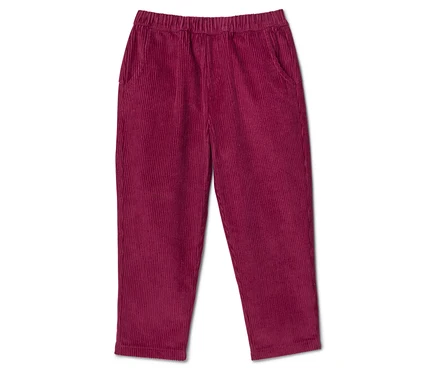 Un pantalon en velours côtelé bordeaux avec cordon de serrage et poches sur fond blanc.