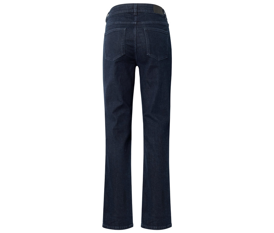 Vue arrière d'un jean bleu foncé à jambe droite sur fond blanc.