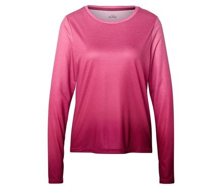 Haut de sport rose à manches longues avec un dégradé de couleurs allant du clair au foncé.