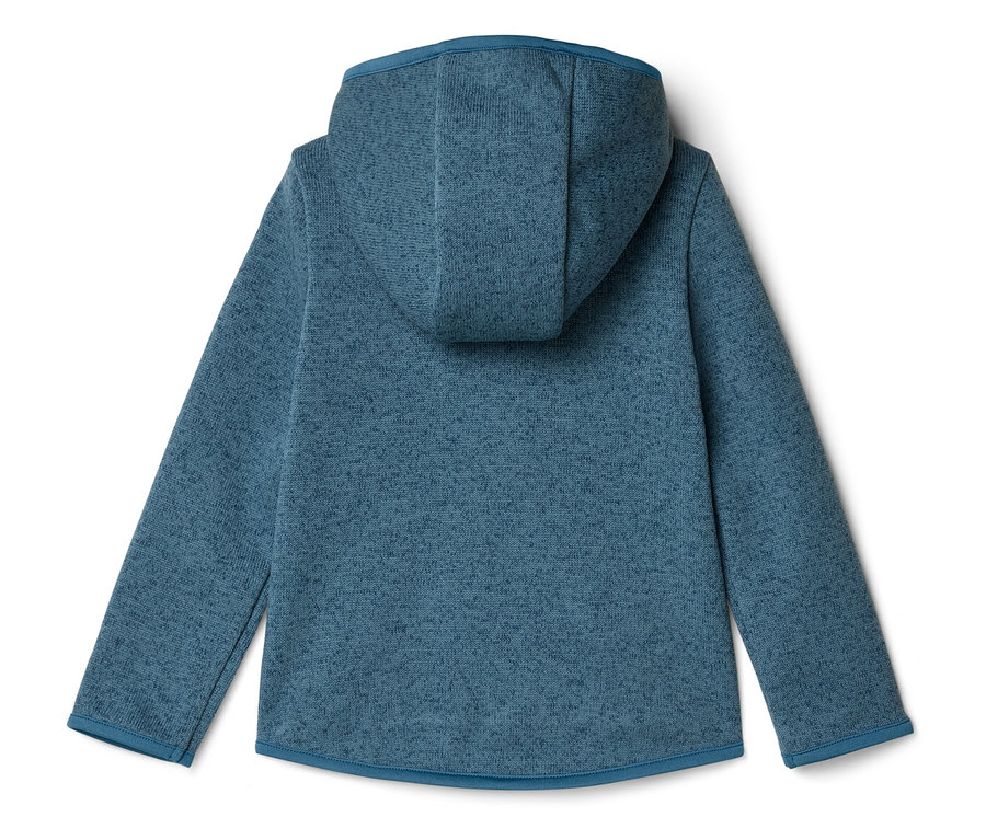 Vue arrière d'un sweat à capuche bleu avec des manches longues et un ourlet bleu clair.