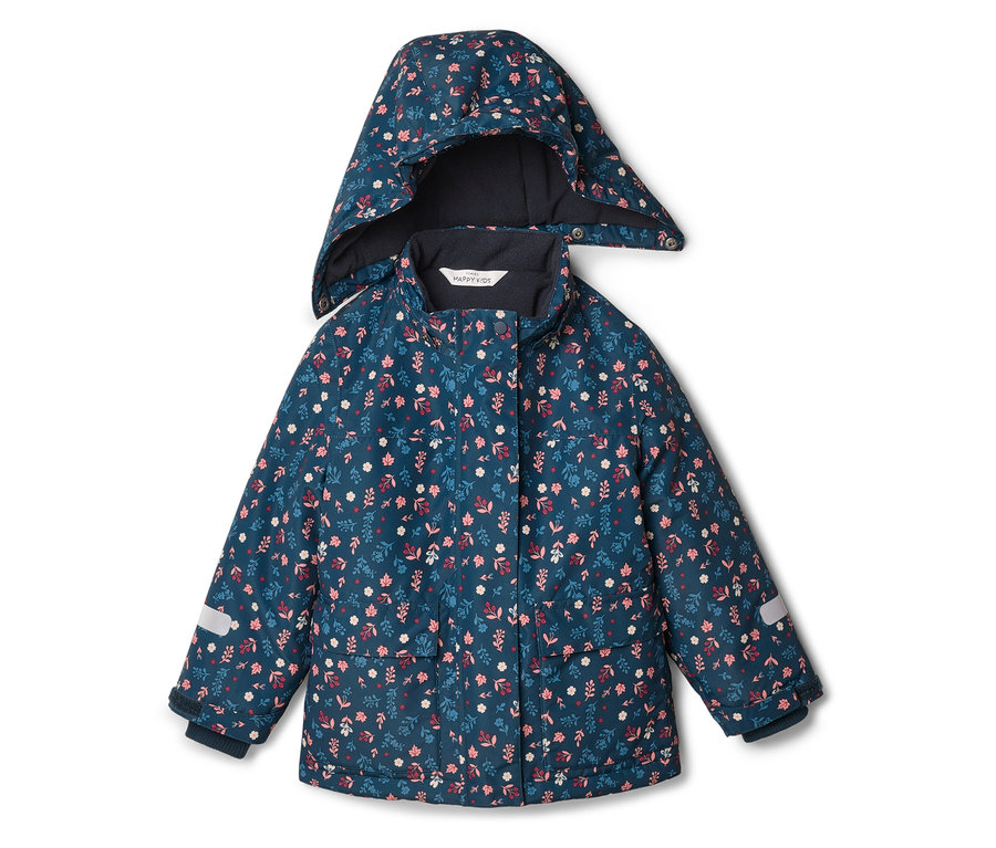 Veste enfant bleue à motifs floraux avec capuche posée sur un fond blanc. La veste est imprimée de fleurs roses et blanches.