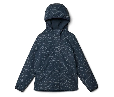 Veste à capuche bleue avec motif abstrait gris clair posée sur un fond blanc.