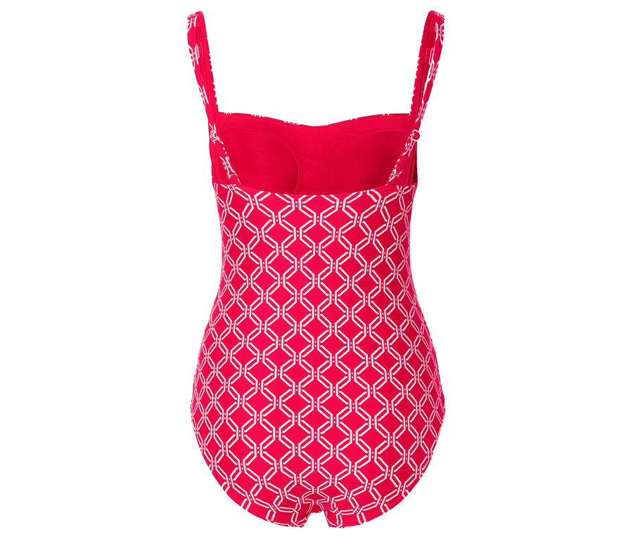 Vue arrière d'un maillot de bain rouge avec un motif géométrique blanc.