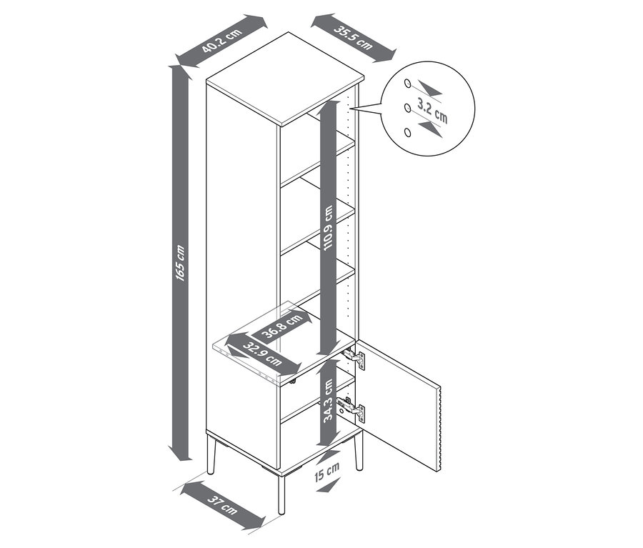 Schéma d'une étagère « REET » avec aspect à lamelles et indications de dimensions.