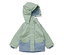 Imperméable enfant vert clair avec poches bleues et capuche, posé sur fond blanc.