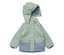 Imperméable enfant vert clair avec poches bleues et capuche, posé sur fond blanc.