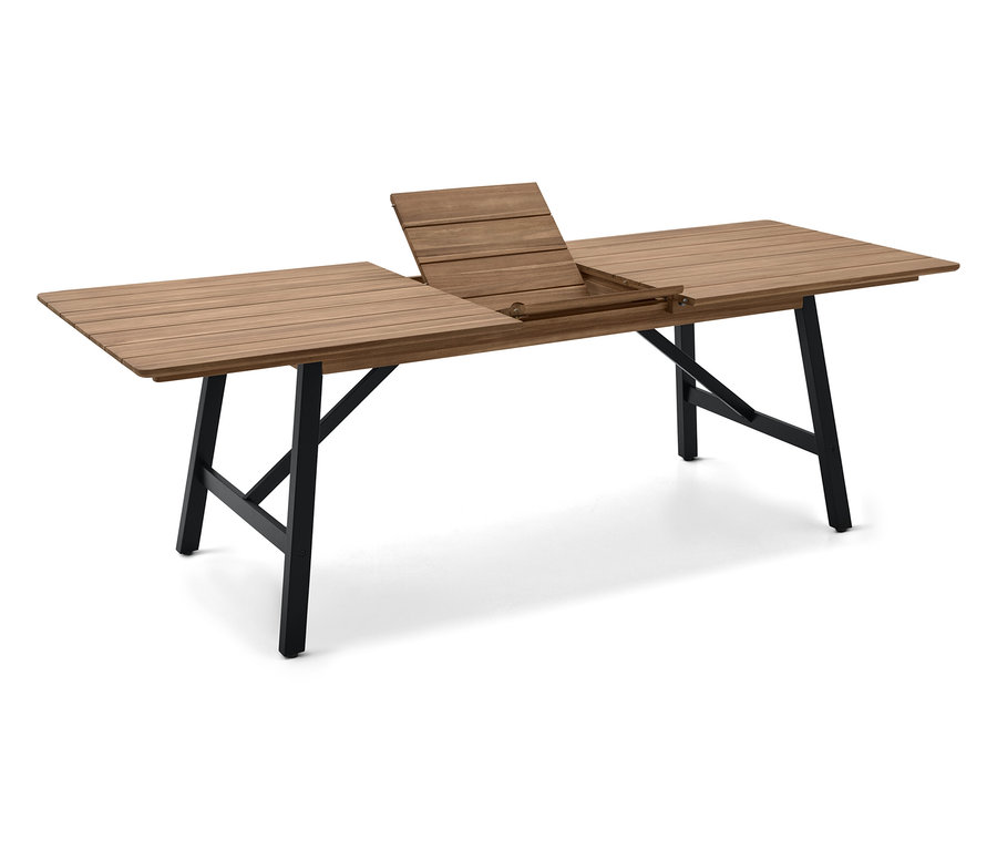 Table en bois allongée avec cadre en métal noir.