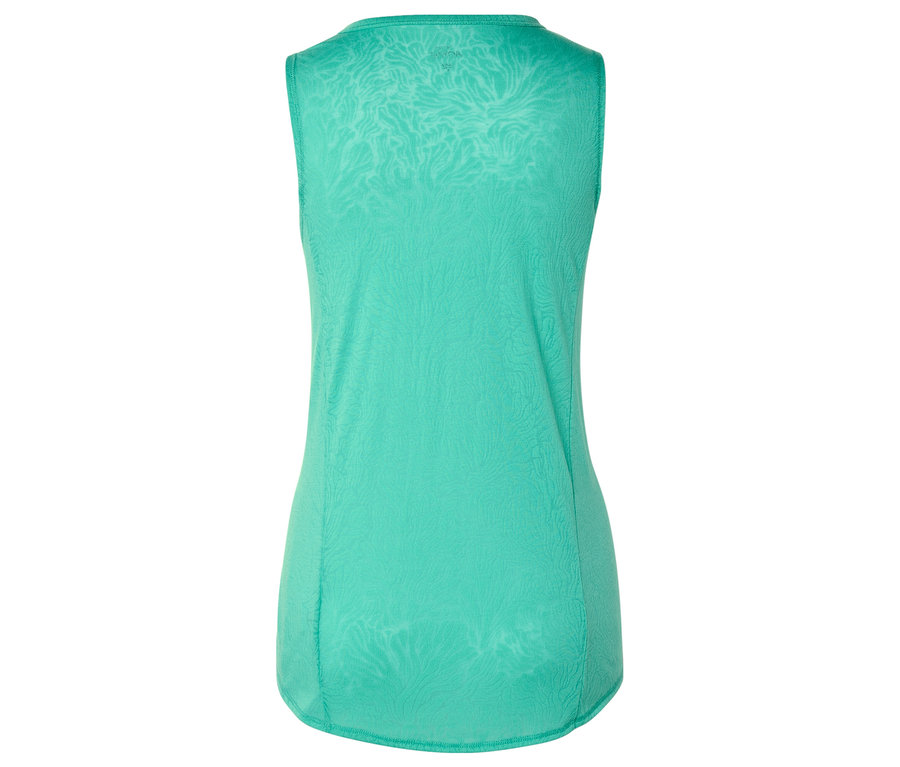 Gros plan d'un haut turquoise sans manches avec un motif.