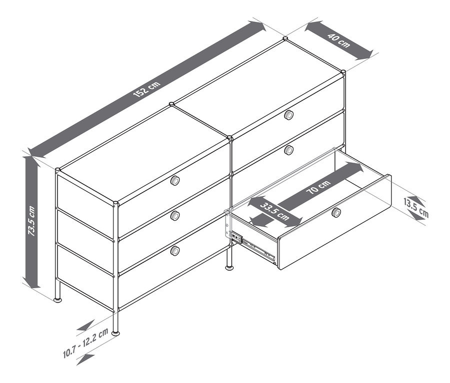 Vue de dessus de deux commodes en métal « CN3 » avec 6 tiroirs chacune, placées côte à côte, dont un tiroir est ouvert et les dimensions de la commode sont indiquées.