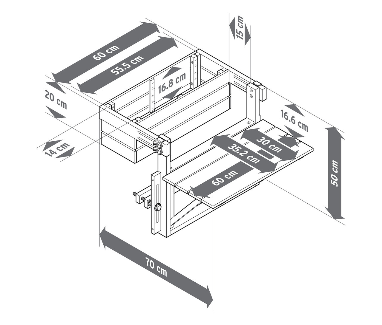 Dessin technique détaillé d'une table murale avec diverses mesures en centimètres.