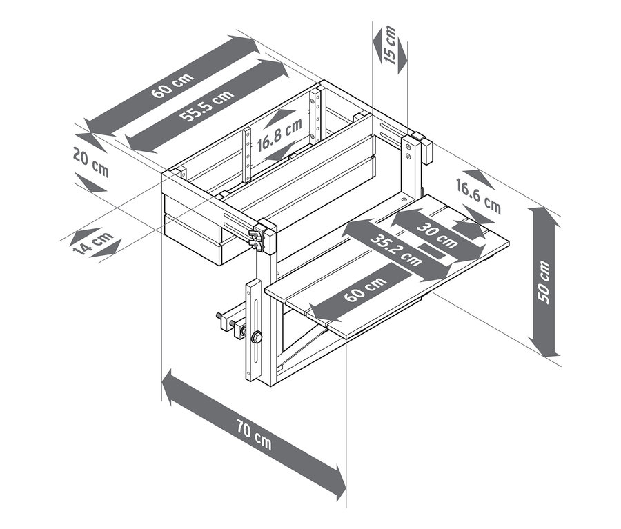 Dessin technique détaillé d'une table murale avec diverses mesures en centimètres.