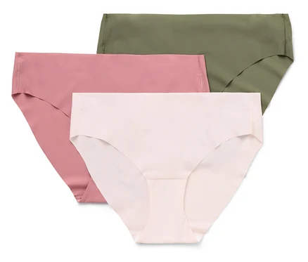 Trois culottes de couleurs rose, rose clair et vert olive sont superposées.