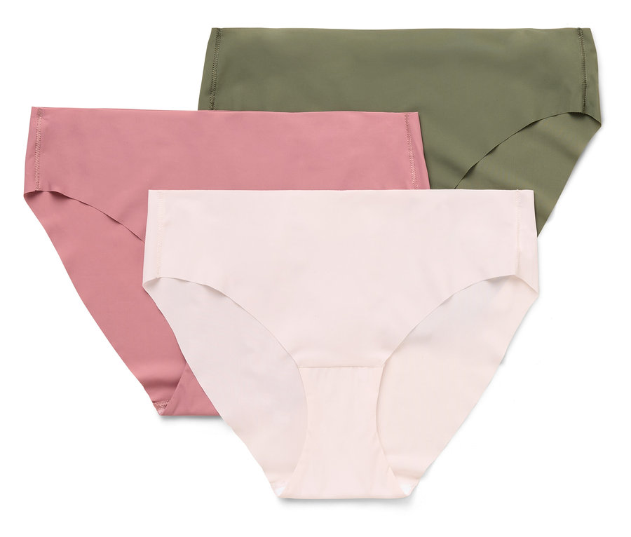 Trois culottes de couleurs rose, rose clair et vert olive sont superposées.