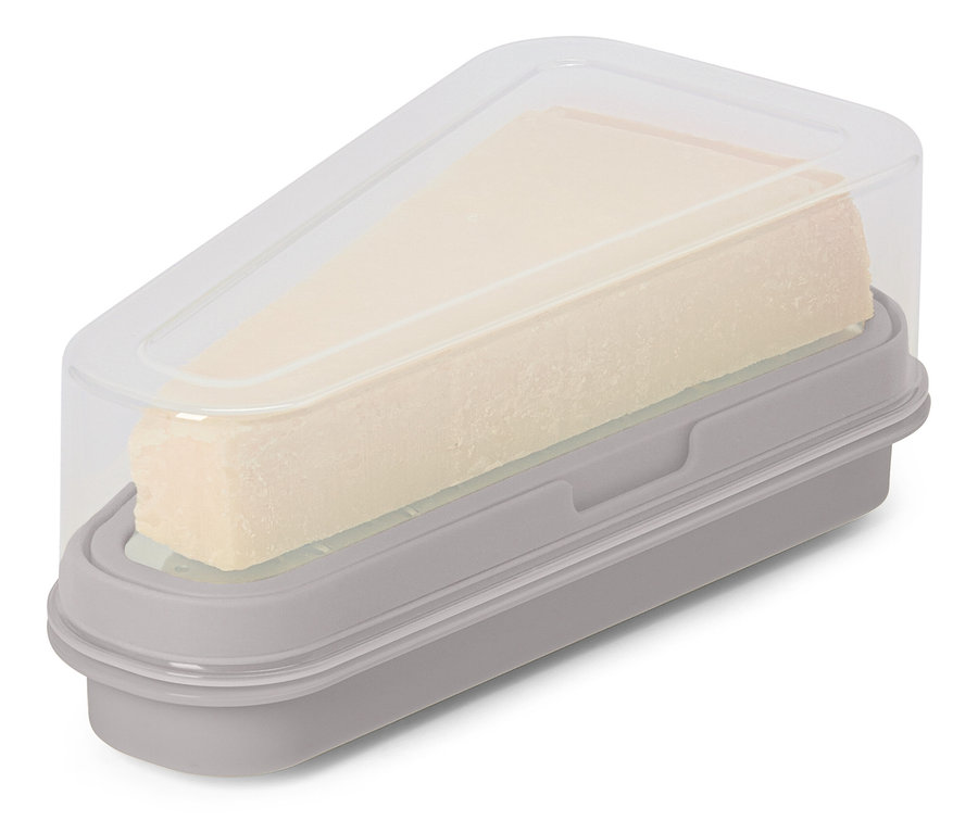 Un morceau de fromage dans une boîte à fromage grise avec un couvercle transparent.