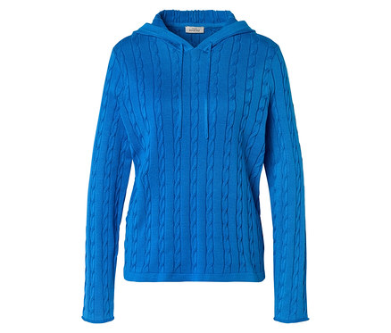 Sweat à capuche bleu avec motif torsadé et cordon de serrage sur fond blanc.