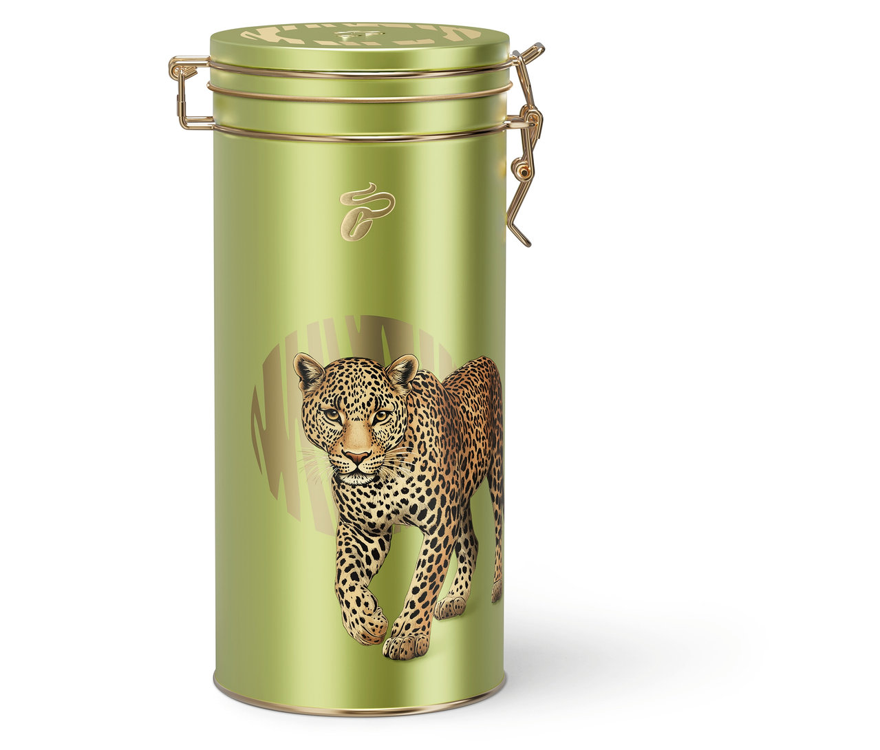 Boîte à café vert clair « Buramba Rwanda » avec fermoir doré et illustration d'un léopard marchant sur le devant.