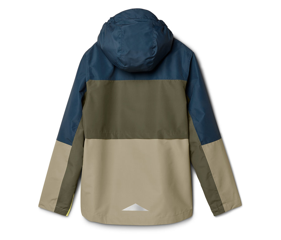 Vue arrière d'une veste tricolore bleue, olive et beige avec capuche et triangle réfléchissant en bas.