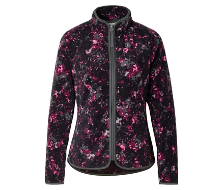 Un haut en polaire zippé avec un motif rose, gris et noir.