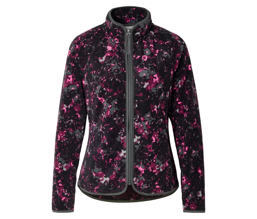 Un haut en polaire zippé avec un motif rose, gris et noir.