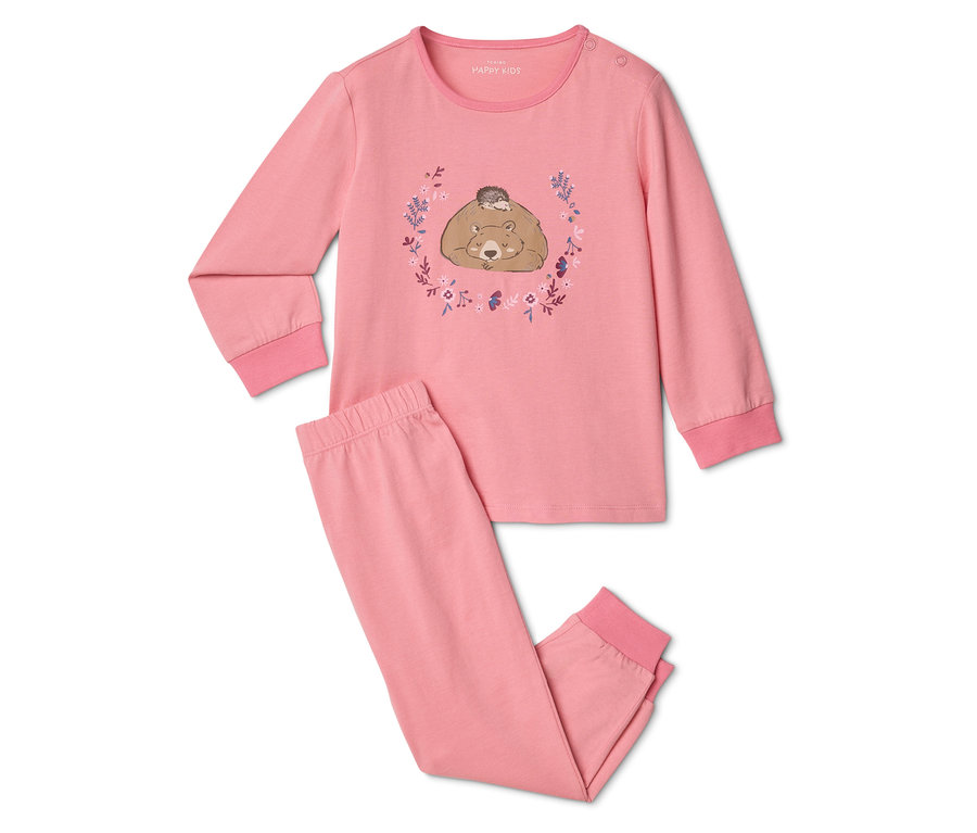 Pyjama rose pour enfant composé d'un haut avec motif ours et hérisson et d'un pantalon long.
