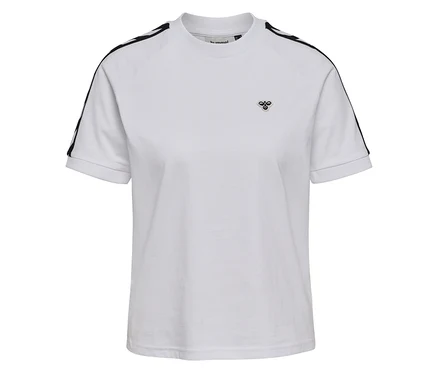 T-shirt hummel® pour femme blanc avec des rayures noires sur les épaules et le logo hummel® sur la poitrine.