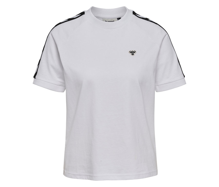 T-shirt hummel® pour femme blanc avec des rayures noires sur les épaules et le logo hummel® sur la poitrine.