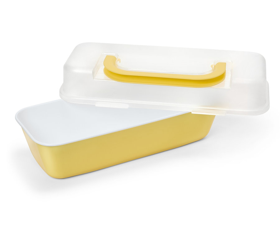 Boîte à pain jaune avec couvercle transparent partiellement ouvert et poignée jaune.