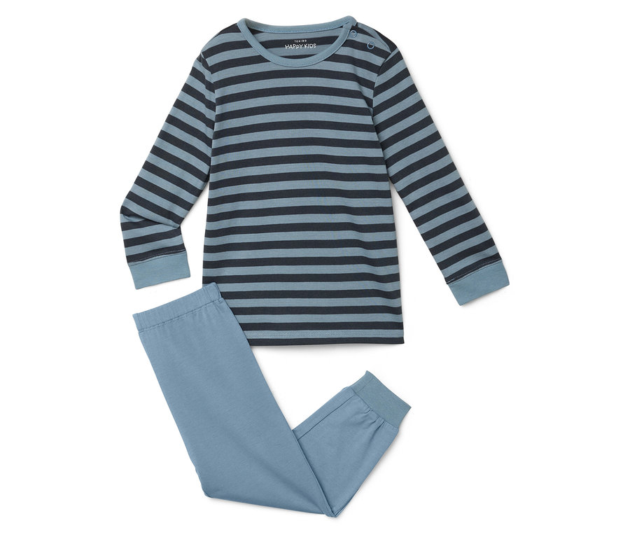 Un pyjama rayé bleu et noir sur fond blanc.