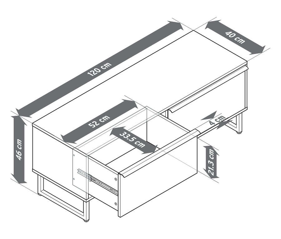 Schéma d'un banc « LEEG » avec 2 tiroirs et indications de dimensions.