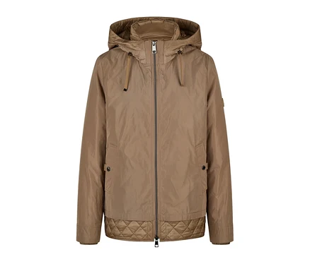 Une veste courte Barbara Lebek marron clair avec capuche, fermeture éclair intégrale et ourlet inférieur matelassé. La veste possède des cordons de serrage sur la capuche et des poches boutonnées.