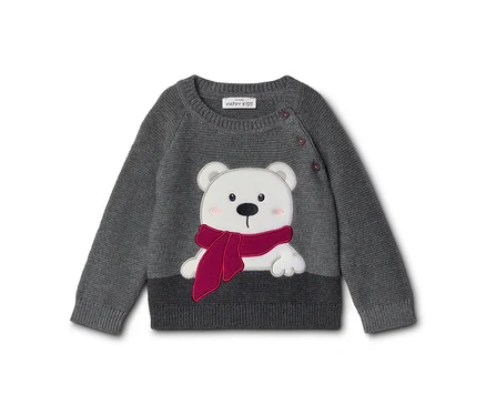 Pull enfant gris avec un motif d'ours polaire blanc portant une écharpe rose. Trois boutons marron sur l'épaule.
