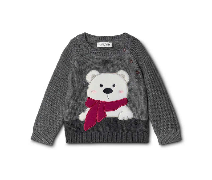 Pull enfant gris avec un motif d'ours polaire blanc portant une écharpe rose. Trois boutons marron sur l'épaule.