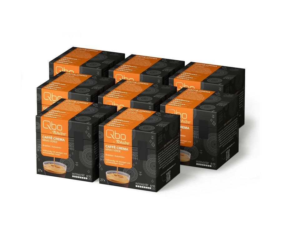 Huit boîtes gris foncé et orange de capsules de café Qbo Caffè Minas Verde, 216 capsules au total, chaque boîte indiquant 27 capsules et une intensité de 8/10.