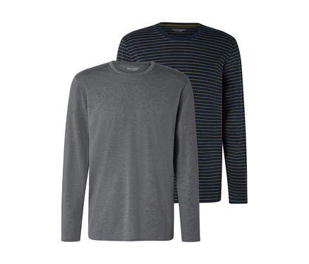 Deux t-shirts à manches longues : un gris foncé uni et un bleu marine à fines rayures vert olive.
