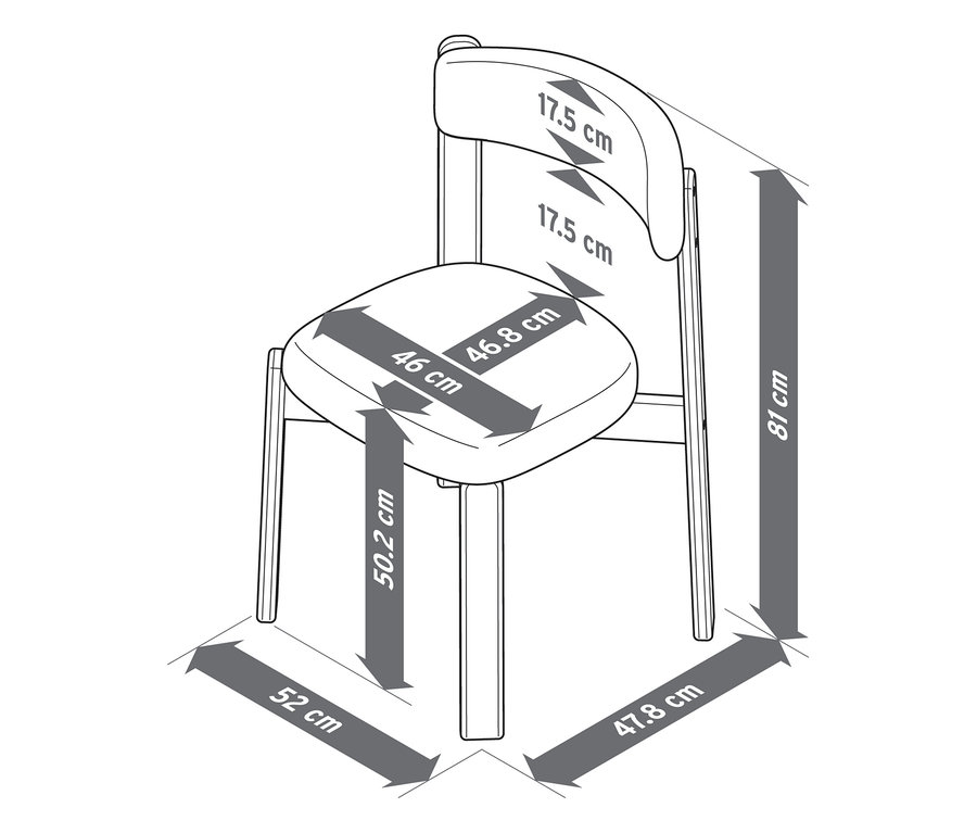 Dessin au trait d'une chaise avec ses dimensions. La chaise a une hauteur totale de 81 cm, une hauteur d'assise de 50,2 cm, une largeur d'assise de 46 cm, une profondeur d'assise de 46,8 cm, une hauteur de dossier de 17,5 cm, une largeur totale de 52 cm et une profondeur totale de 47,8 cm.