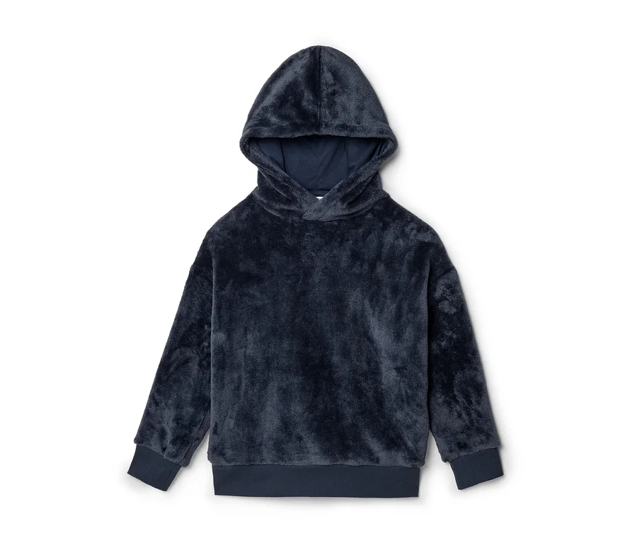 Un sweat à capuche bleu foncé duveteux avec une capuche, des manches longues et des poignets et ourlet côtelés, sur fond blanc.