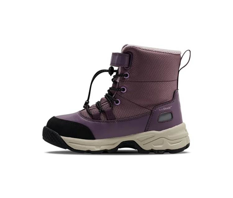 Une seule botte de neige hummel® Snow Boot Tex prune avec des lacets noirs, une bande auto-agrippante et une semelle beige.