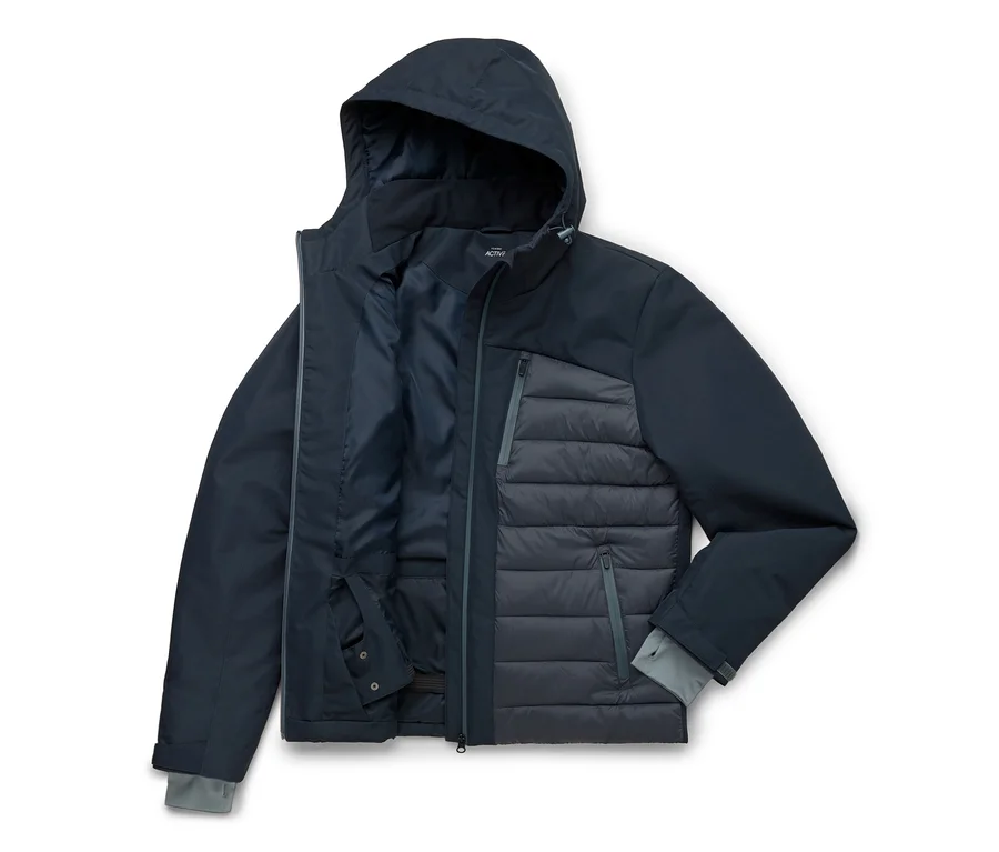 Veste à capuche bleu marine avec un devant matelassé gris foncé, posée ouverte sur un fond blanc.