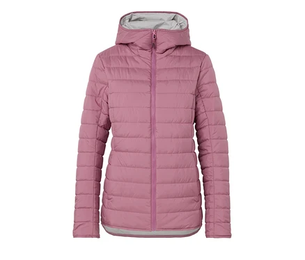 Veste matelassée rose avec capuche et doublure grise.