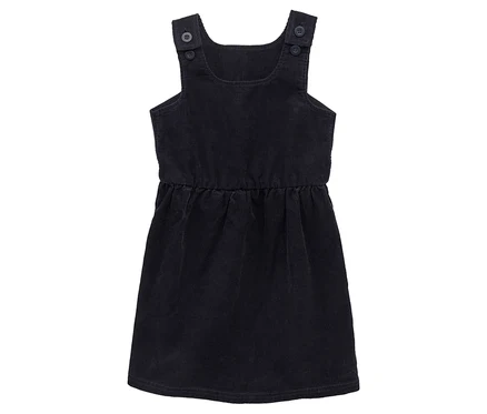 Robe salopette en velours côtelé bleu marine avec des boutons aux épaules et une taille élastiquée.