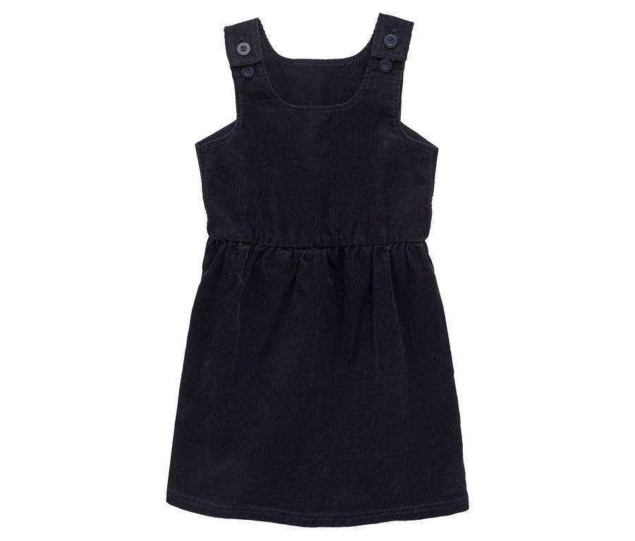 Robe salopette en velours côtelé bleu marine avec des boutons aux épaules et une taille élastiquée.