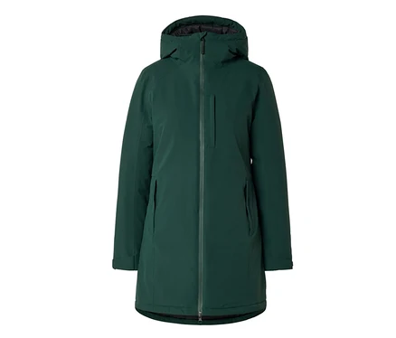 Long manteau vert foncé avec capuche, fermeture éclair intégrale et trois poches zippées.