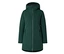 Long manteau vert foncé avec capuche, fermeture éclair intégrale et trois poches zippées.