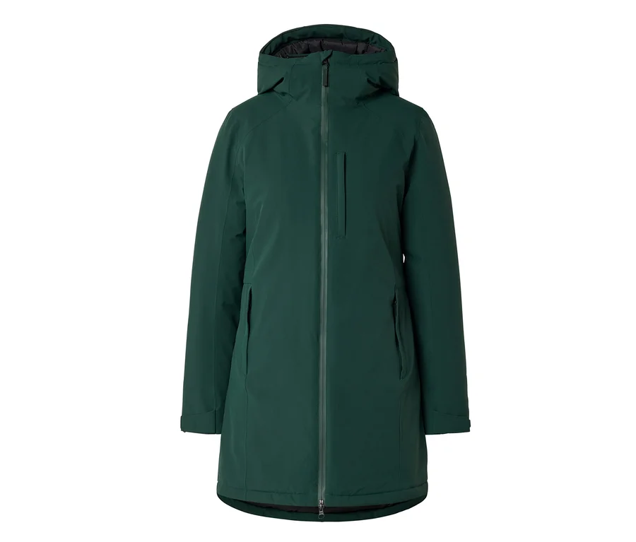 Long manteau vert foncé avec capuche, fermeture éclair intégrale et trois poches zippées.