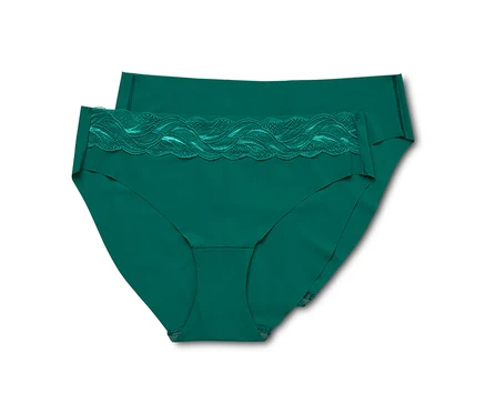 Deux slips Magic Cut vert foncé, celui du dessus avec une bordure en dentelle à la taille.