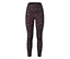 On voit un legging noir à taille haute avec un motif de taches roses et grises.