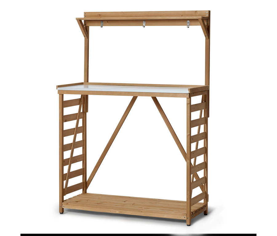 Étagère en bois clair avec plan de travail et dispositif de suspension avec crochets.