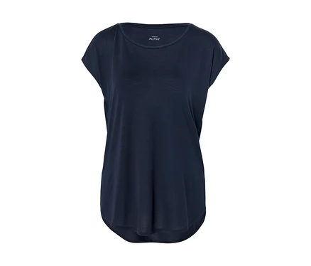 T-shirt bleu marine sur fond blanc.