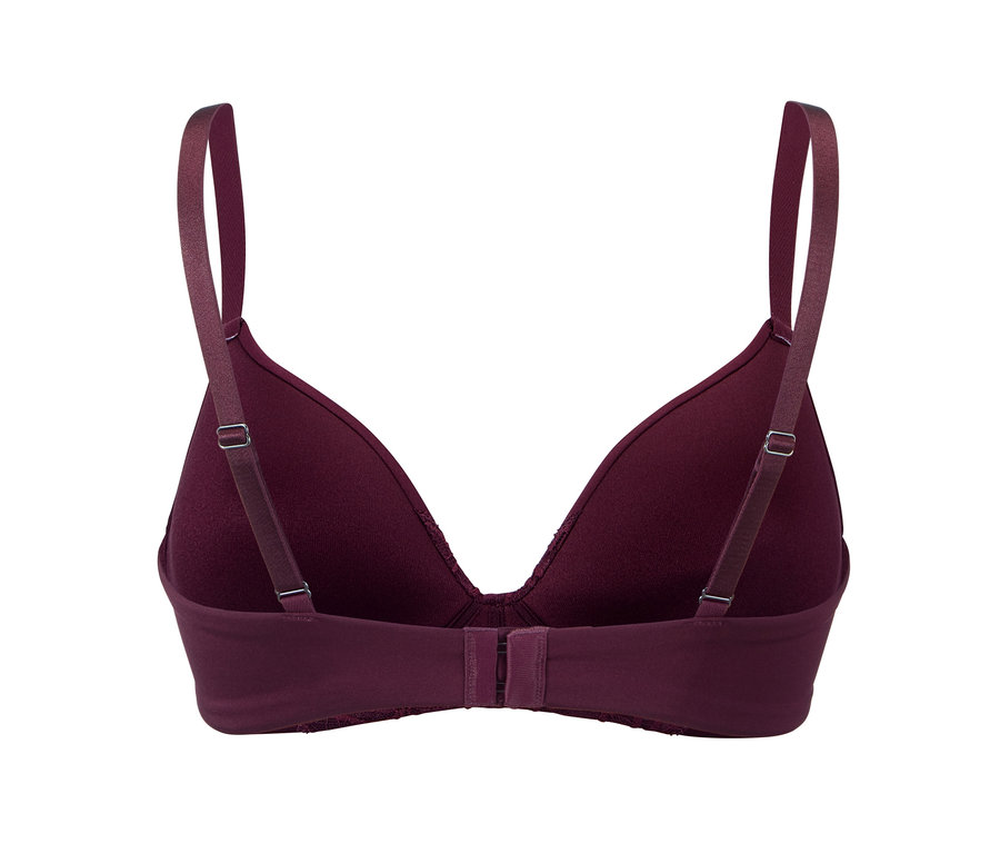Vue détaillée de l'arrière d'un soutien-gorge bordeaux à coques souples.