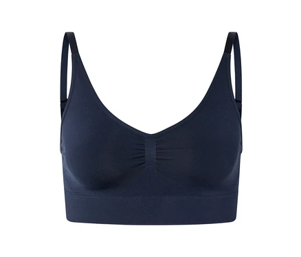 Soutien-gorge bleu marine avec col en V et bretelles.